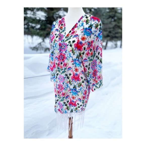 Japna Lounge Flocked Floral Duster Rainbow Sheer Burnout Fringe Kimono Sleeve S - Picture 3 of 10